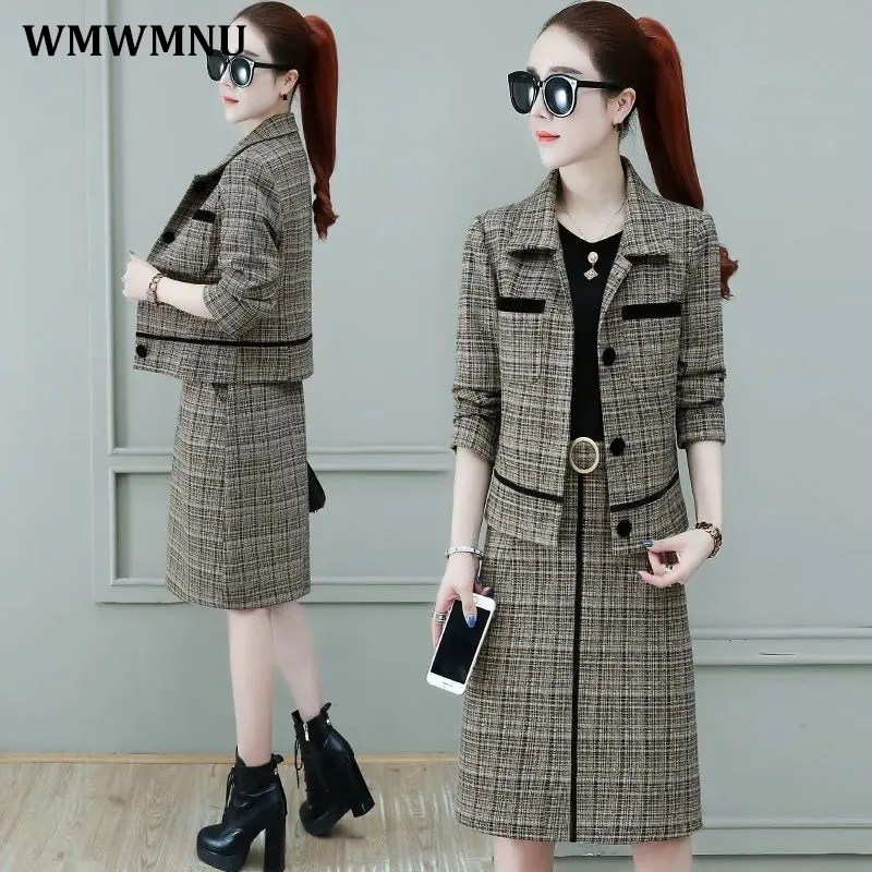 Top Trends: Vintage Plaid Skirt 2 Piece Set Women Outfits Spring Summer Thin Elegant No Liner Long Sleeve Jacket And Midi A-Line Skirts Suit Shoppable Styles