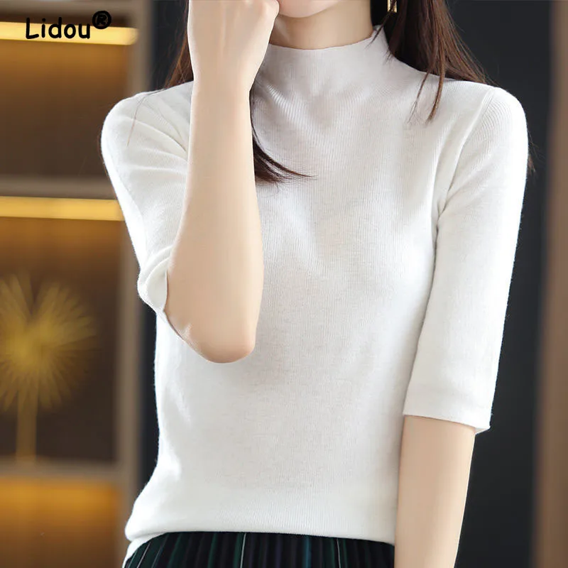 Top Trends: Spring Autumn Half Sleeve Solid Color Knitted Pullovers For Women 2022 New Sweater Bottoming Shirt Chic Women's Clothing Blouse Shoppable Styles