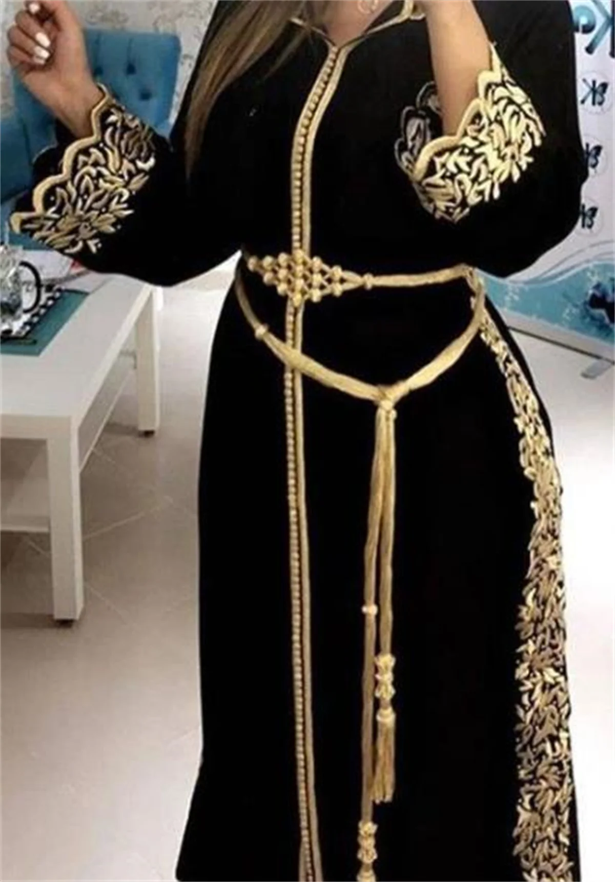 Top Trends: Evening V-Neck Long Sleeve Gold Applique Black Robe Belt Pearl Moroccan Kaftan Arabian Dress High Embroidery Lace Custom Shoppable Styles