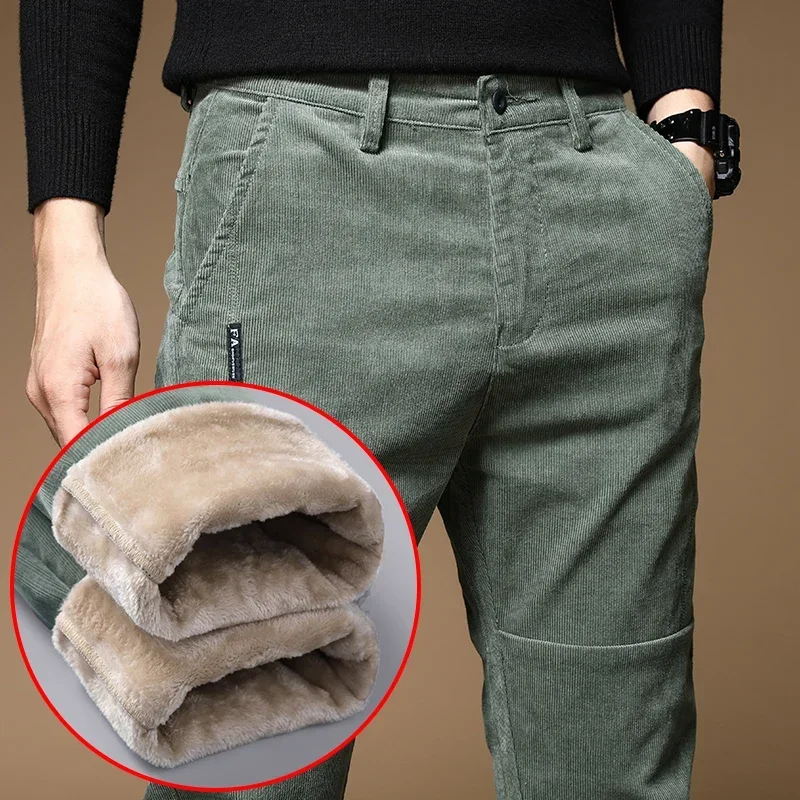 Top Trends: 2023 New Winter Fleece Warm Corduroy Pants Men Business Fashion Slim Fit Stretch Thicken Gray Green Fluff Casual Trousers Male Shoppable Styles