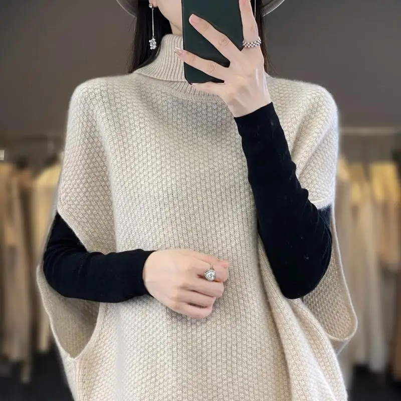 Top Trends: Female Clothing Korean Sweater Vest Casual Loose Batwing Sleeve Autumn Winter Turtleneck Basic Solid Color Chic Knitted Jumpers Shoppable Styles