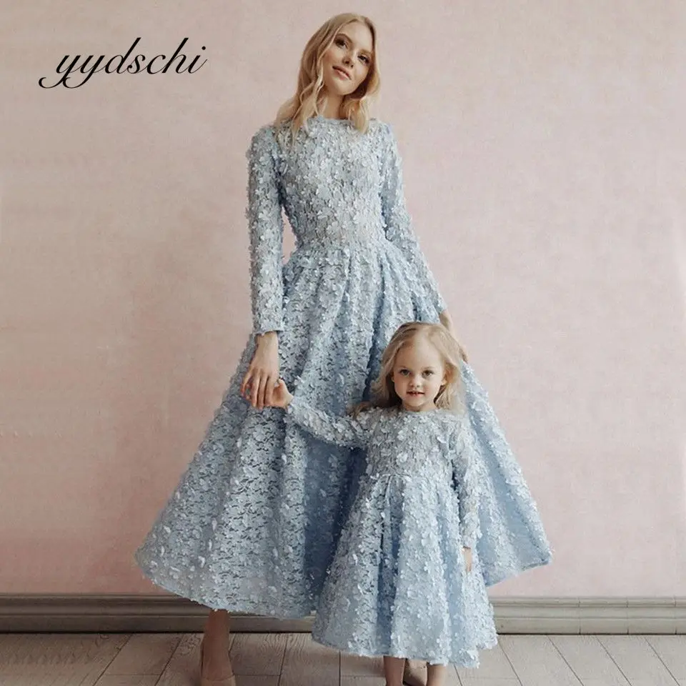 Top Trends: Sky Blue Elegant Evening Prom Dresses For Mother And Daughter Lace Appliques Formal Party A-line Flower Girl Dress Princess Kid Shoppable Styles