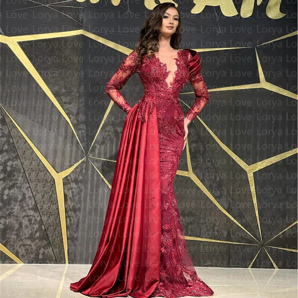 Top Trends: Designer Burgundy Evening Dress Mermaid Long Sleeves Lace Women Formal Night Party Gowns Side Train V Neck Vestidos De Fiesta Shoppable Styles