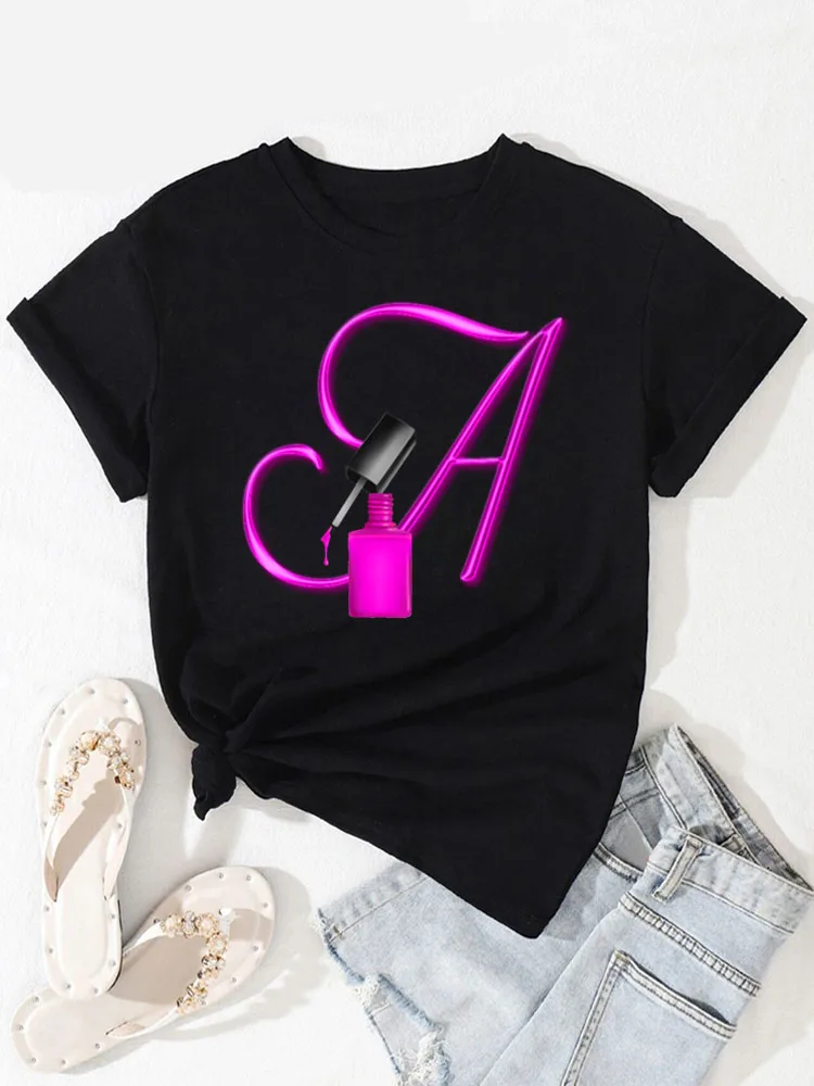 Top Trends: Women T-shirt Custom Name Letter Combination Nail Art Letter Font A B C D E F G Short Sleeve Tops Fashion Black T-shirt Clothing Shoppable Styles - Image 2