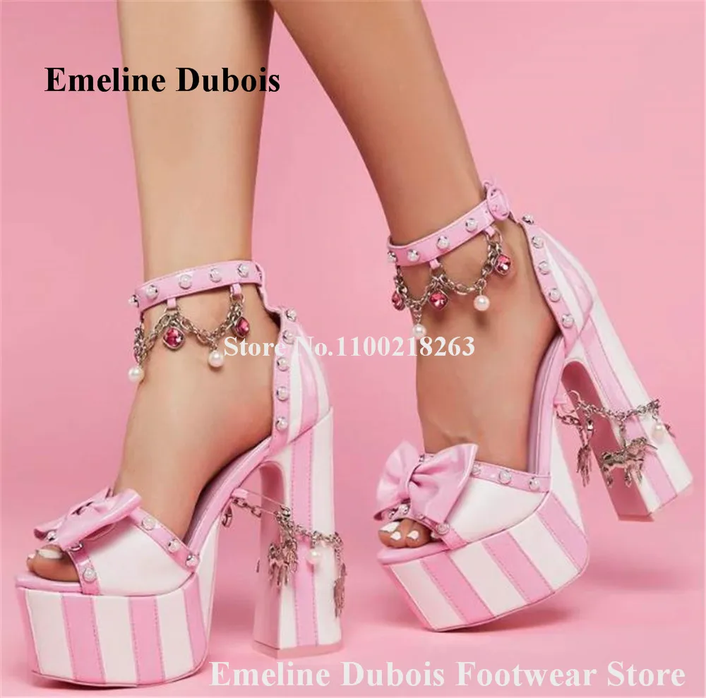 Top Trends: Pink White Stripes Block Heel Sandals Emeline Dubois Charming Peep Toe Bowtie High Platform Pearls Chains Chunky Heel Dress Shoe Shoppable Styles