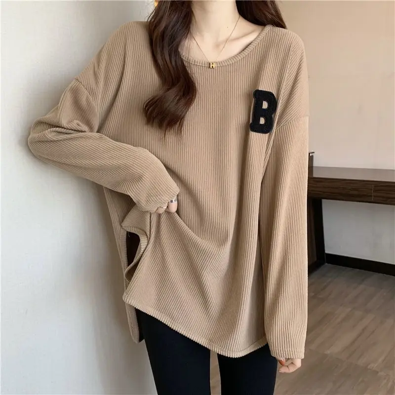 Top Trends: Spring Autumn New Embroidery Letter Loose T Shirts Split Hem Long Sleeve O-Neck All-match Tops Tees Casual Fashion Women Clothes Shoppable Styles