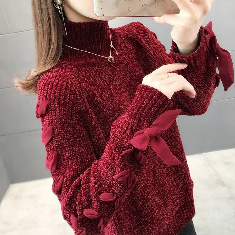 Top Trends: Stylish Solid Color Spliced All-match Bandage Bow Sweaters Women&#039;s Clothing 2022 Autumn New Casual Pullovers Loose Warm Tops Shoppable Styles