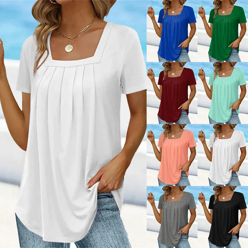 Top Trends: Summer New Women&#039;s 2023 Solid Color Pleated Sexy Square Neck T-Shirt Fashion Casual Short Sleeve Loose Plus Size Commuter Top Shoppable Styles