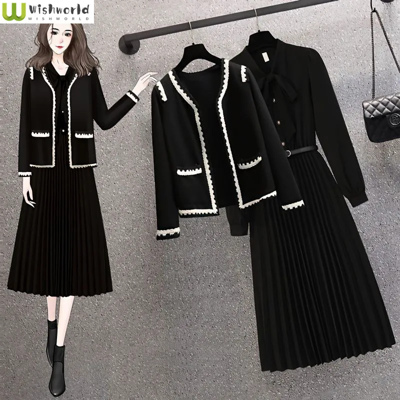 Top Trends: Fashion Spring And Autumn Season Set Women's New Age Reducing Temperament Small Fragrance Knitted Cardigan Dress Two Piece Set Shoppable Styles