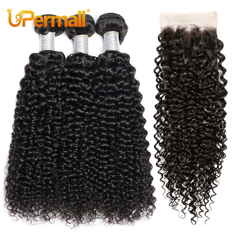 Top Trends: Upermall 3 / 4 Brazilian Remy Kinky Curly Human Hair Bundles With Closure HD Transparent 4x4 Lace Closure And Weave Extension Soft Shoppable Styles