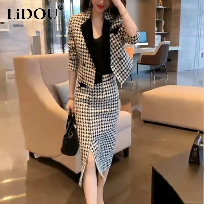 Top Trends: Autumn Winter Elegant Fashion Houndstooth Printed Blazers Bodycon Slit Skirt Set Ladies Vintage Coat High Waist Slim Skirts Suit Shoppable Styles