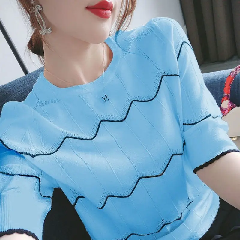 Top Trends: Fashion O-Neck Knitted Spliced Loose Striped Blouse Women's Clothing 2023 Spring New Casual Pullovers Short Sleeve Korean Shirt Shoppable Styles - Image 4