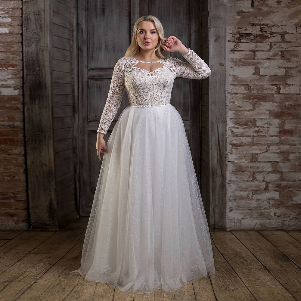 Top Trends: Elegant Lace Wedding Dresses Plus Size O-Neck Long Sleeves Bride Gown Pearls Sweep Train A-Line Tulle Robe De Mariée 2023 Shoppable Styles