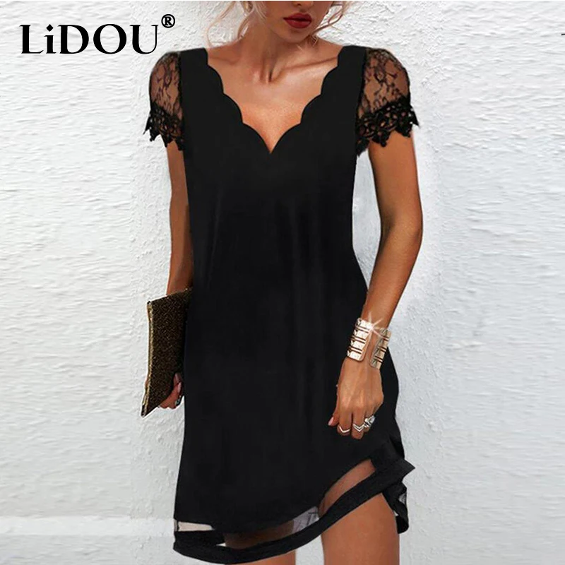 Top Trends: Summer Sexy Elegant Fashion Party Dresses Women V-neck Floral Print Short Sleeve Lace Mini Dress Oversized Vestido Feminino Robe Shoppable Styles