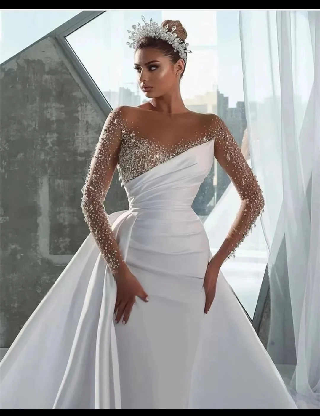 Top Trends: Private Custom Sparkly Beads Mermaid Wedding Dresses Satin Attachable Train Sheer Neck Long Sleeves Arabic Luxury Bridal Gown Shoppable Styles