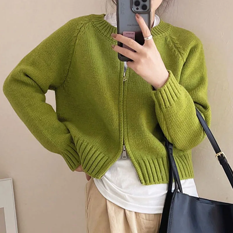 Top Trends: Korean Simplicity Solid Color Zipper Knitted Cardigan Autumn Winter Loose All-match Long Sleeve Sweaters Coat Women's Clothing Shoppable Styles