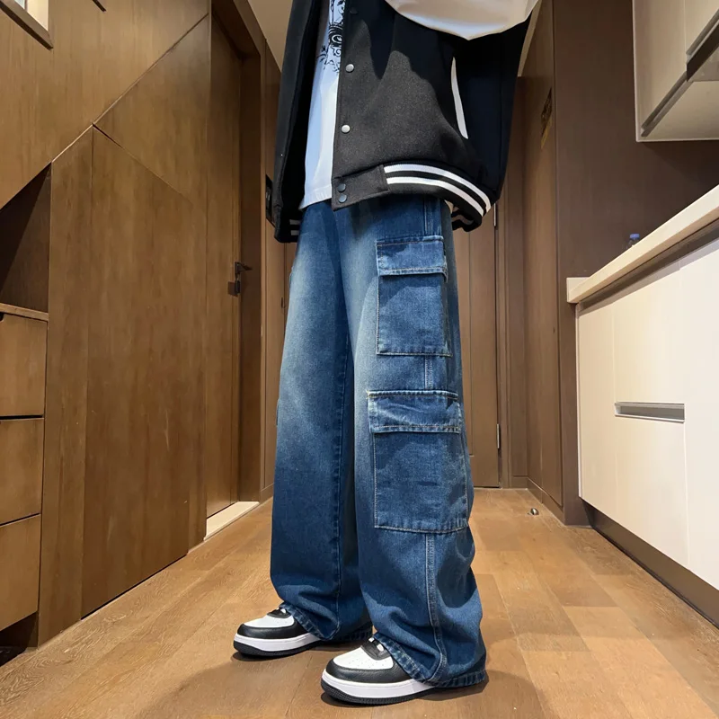 Top Trends: 2023 Autumn New Men Cargo Jeans Neutral Wide Leg Pants Baggy Multi-pockets Denim Trousers Streetwear Skateboard Male Clothes Shoppable Styles