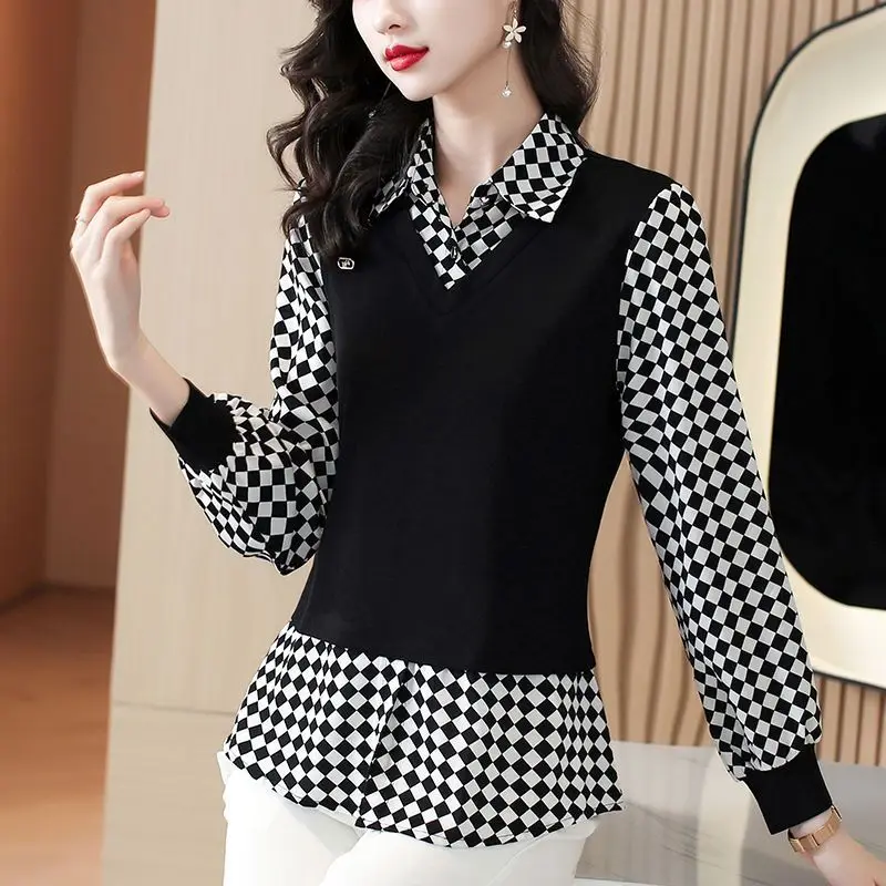 Top Trends: Stylish Plaid Fake Two Pieces Polo-Neck Blouse Casual Spliced 2023 Spring Autumn Loose Long Sleeve Female Clothing Korean Shirt Shoppable Styles