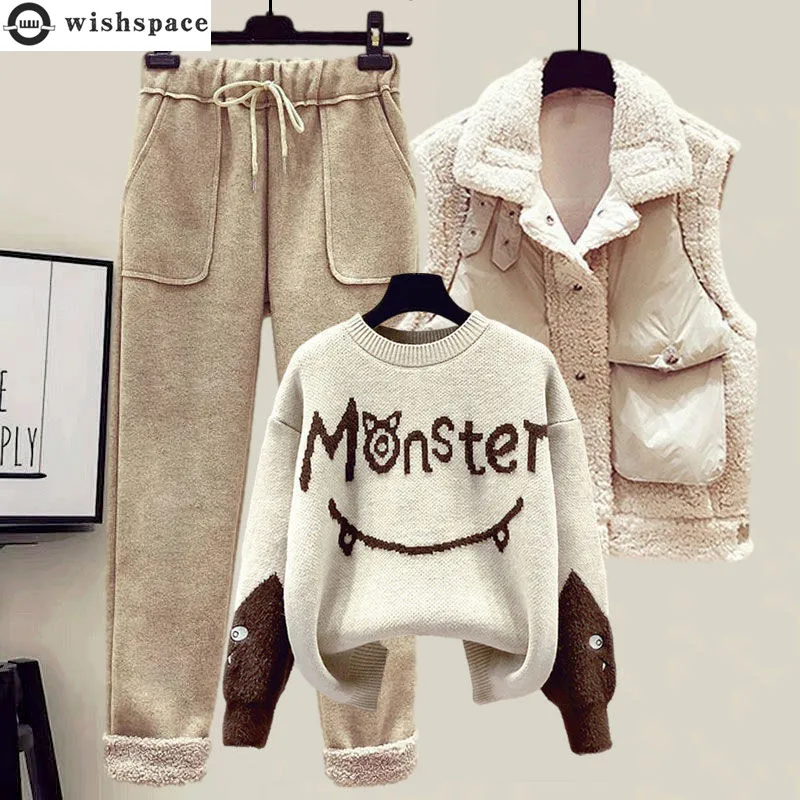 Top Trends: 2022 Winter New Cashmere Vest Coat Embroidery Knitted Sweater Casual Trousers Three Piece Elegant Women&#039;s Pants Set Outfit Shoppable Styles