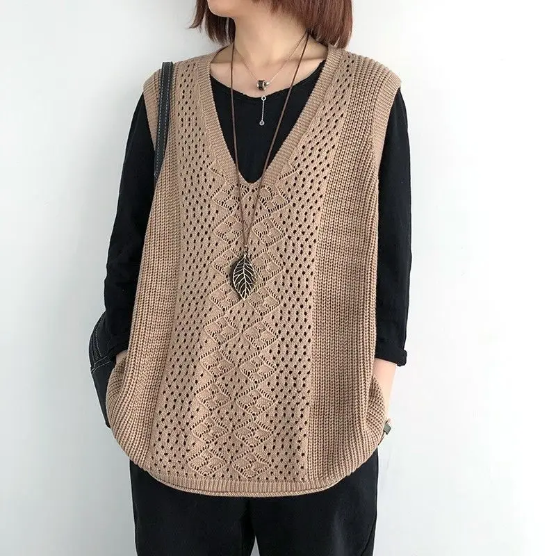 Top Trends: Vintage Hollow Out Knitted Sleeveless Sweater Vest Korean Fashion Spring Autumn Women Loose V-Neck Thin Casual Pullover Jersey Shoppable Styles