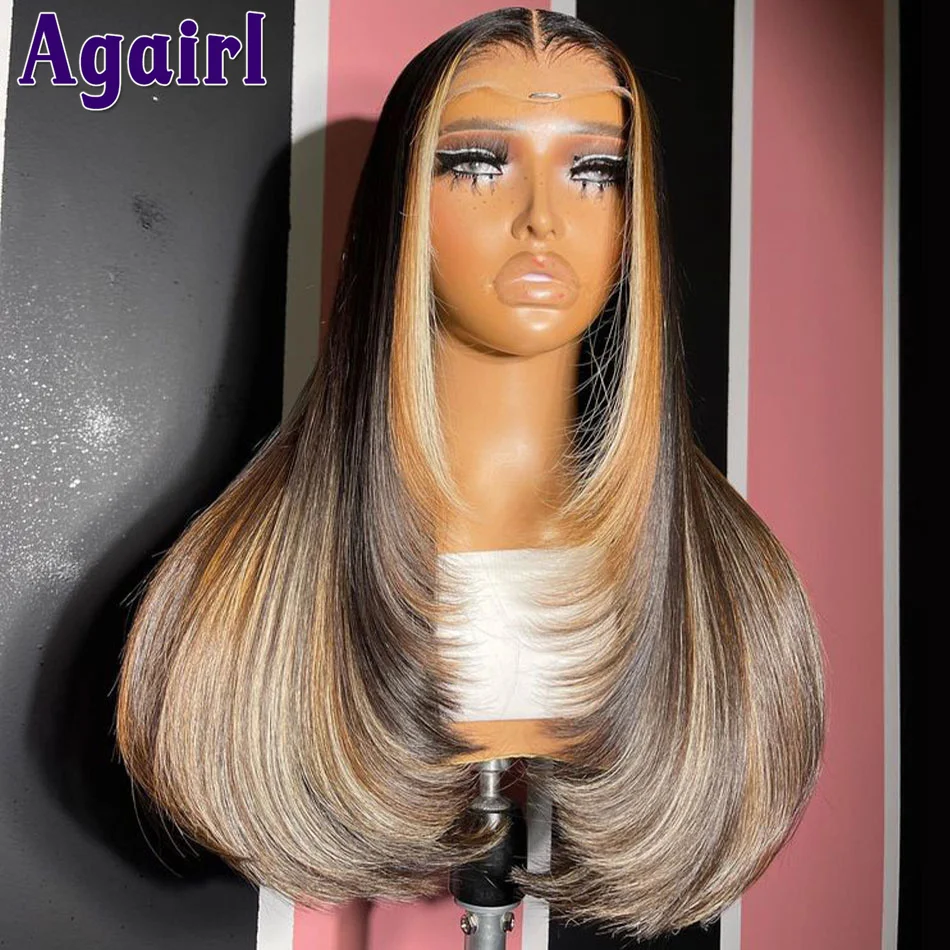 Top Trends: 180% Blonde Brown With Black Highlight Bone Straight Human Hair Wigs 13x6 13x4 HD Lace Frontal Wig Wear Go Glueless 6X4 Lace Wig Shoppable Styles