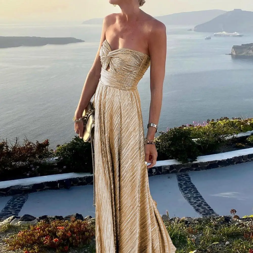 Top Trends: Women Maxi Sexy Dress Bronzing Backless Large Hem Maxi Dress Knot Chest Wrapping Off Shoulder Gown Dress Female Clothing Shoppable Styles