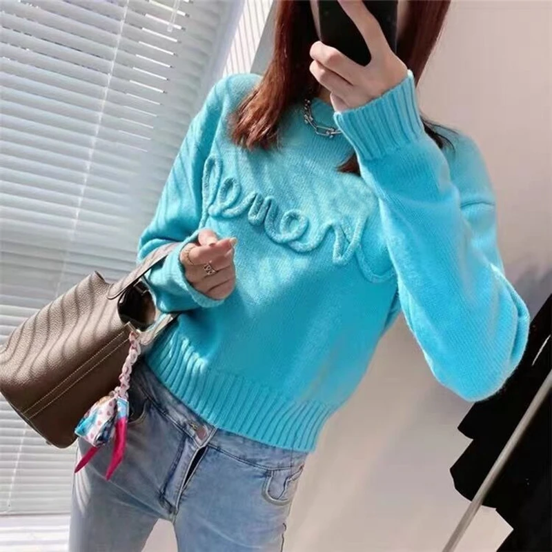 Top Trends: Star Style Blue Round Neck Slim Fit Long Sleeve Knitwear Women's Small Fragrance Letter Beaded Sweater Shoppable Styles