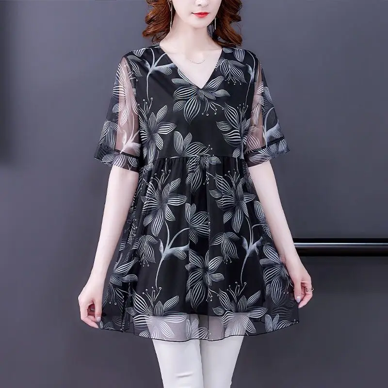 Top Trends: Women Spring Summer Chiffon Blouse Short Sleeve V Neck Oversized Print Vintage Fashion Female Pullover Loose Casual Midi Shirt Shoppable Styles