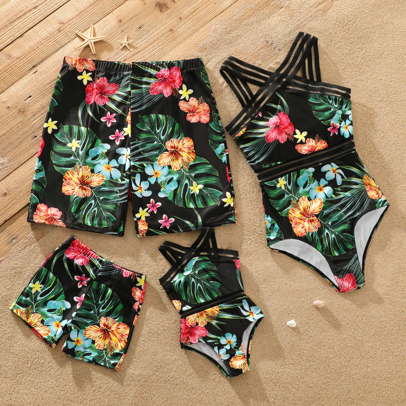 Top Trends: PatPat Family Matching All Over Tropical Plants Print Black Swim Trunks Shorts And Webbing One-Piece Swimsuit Shoppable Styles