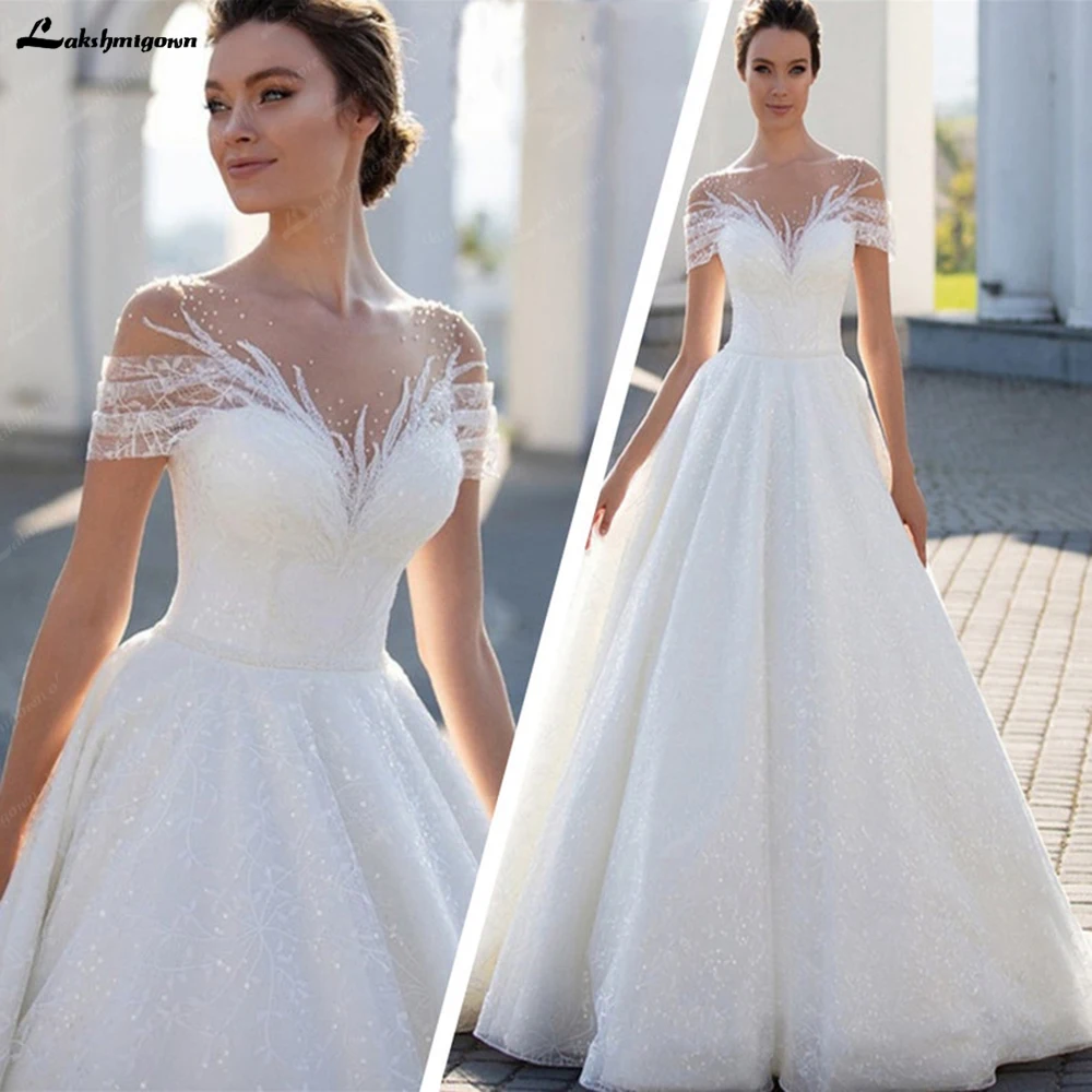 Top Trends: Lakshmigown Sparkling Off-The-Shoulder Wedding Dress Elegant Glitter Lace A-Line Bridal Gown With Illusion Pleats Short Sleeves Shoppable Styles