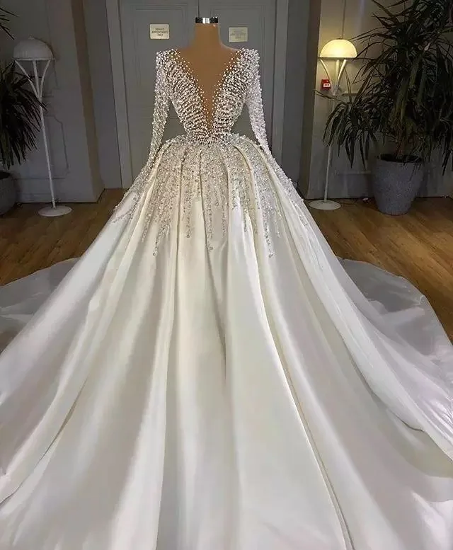 Top Trends: Satin Wedding Dresses Luxury 2024 Bride Pearls Beads V Neck Long Sleeves Puffy Ball Gown Saudi Arabia Bridal Gowns Custom Made Shoppable Styles