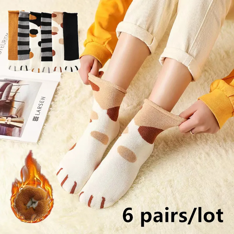 Top Trends: 6 Pairs Winter Women&#039;s Socks Cat Paw Patterned Thermal Stripe Socks Warm Cute Thickened Cozy Soft Animal Kawaii Dot Floor Sock Shoppable Styles