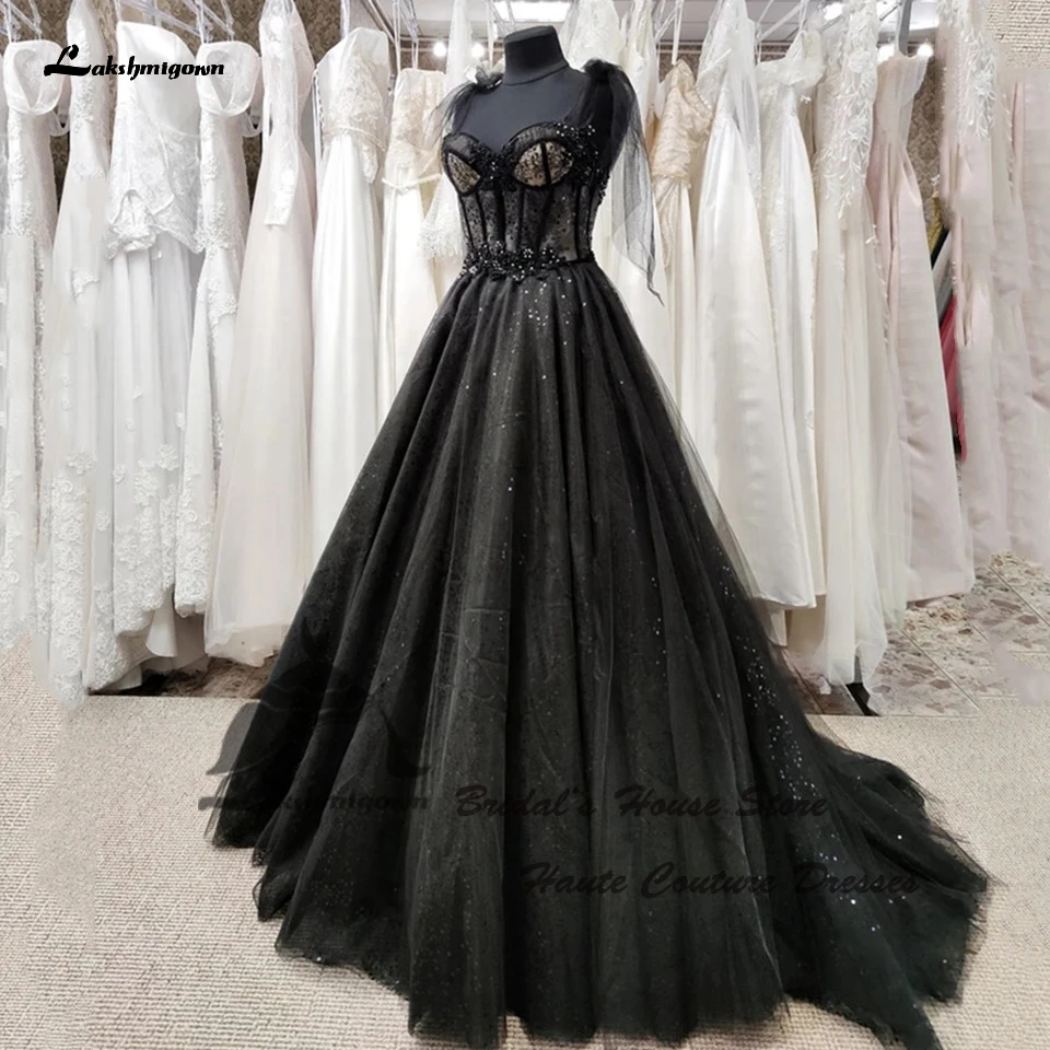 Top Trends: Lakshmigown Glitter Gothic Black Corset Wedding Dress Lace Up Back 2023 Robe Sparkly Women Reception Dress For Bridal Party Gown Shoppable Styles