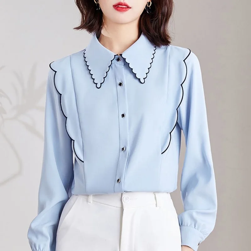 Top Trends: Fashion Lapel Spliced Button Ruffles Shirts Female Clothing 2023 Autumn New Loose All-match Tops Sweet Blouses Shoppable Styles