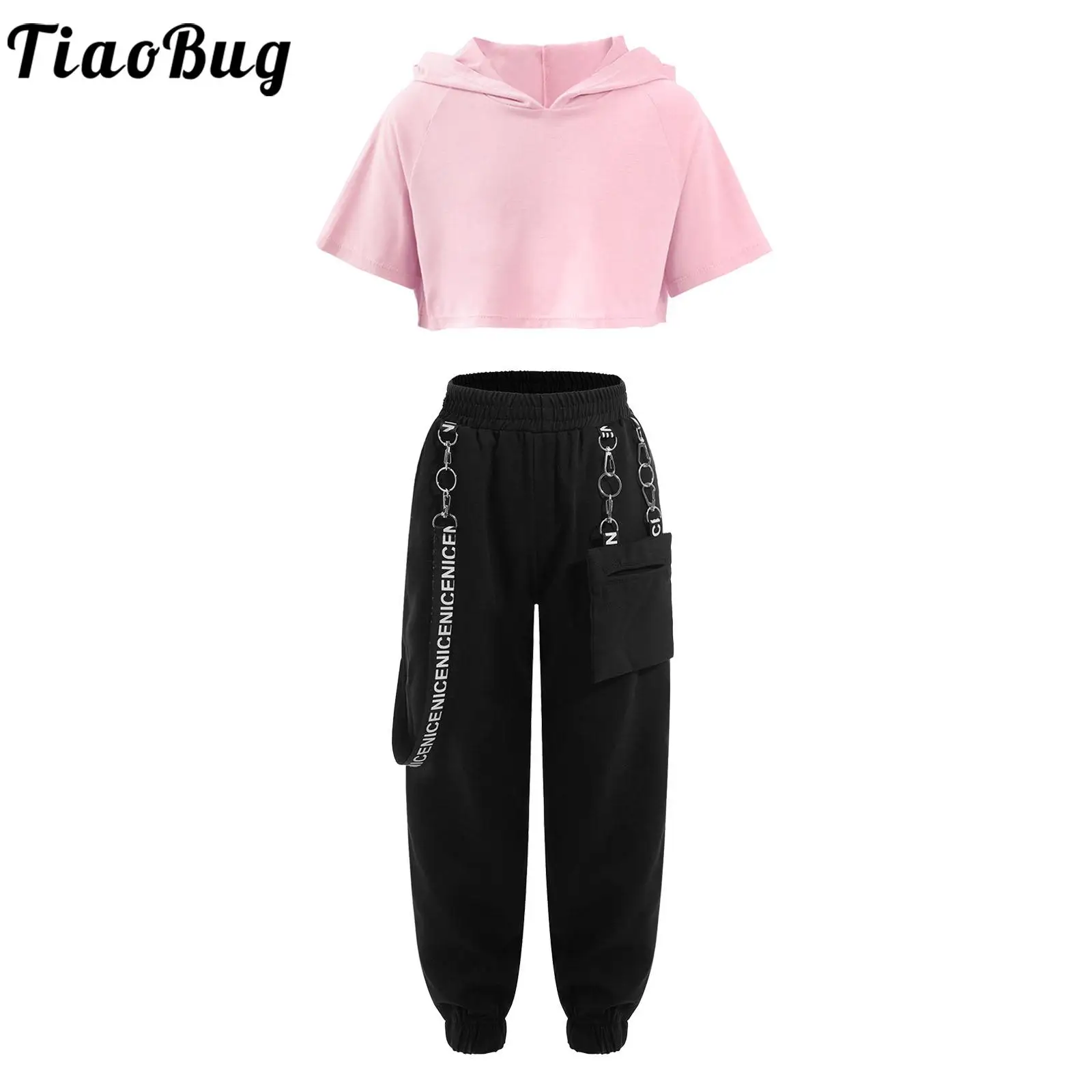 Top Trends: 2PCS Kids Girls Jazz Hip-hop Dance Outfit Short Sleeve Hooded Crop Top With Metal Chain Pocket Pants Sweatpants Skateboarding Shoppable Styles