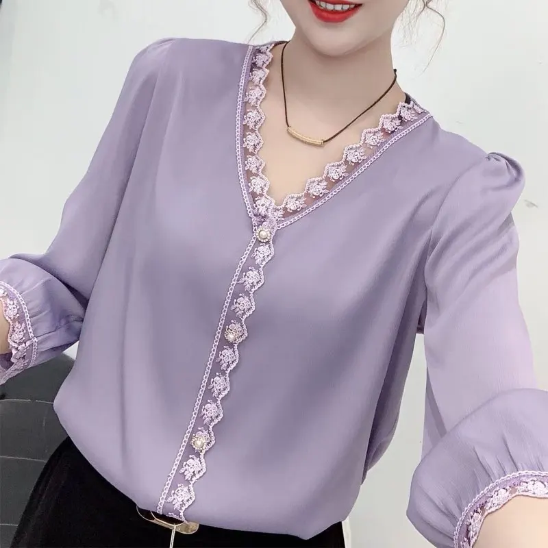 Top Trends: Spring Summer Sweet Lace Spliced Shirt Chic Pearl Button Stylish Elegant V-Neck Female Clothing Solid Color 3 / 4 Sleeve Blouse Shoppable Styles