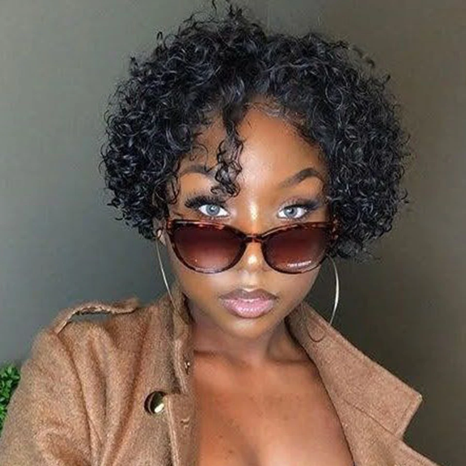 Top Trends: Joedir Short Pixie Cut Wig Cheap Human Hair Wigs Deep Curly Bob Wigs With Bangs Full Machine Human Hair Wig For Women Black Shoppable Styles