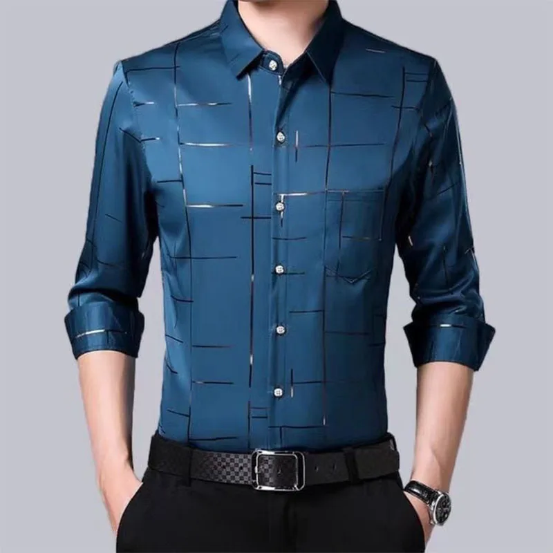 Top Trends: Smart Casual Men New Thin Plaid Smooth Shirts Long Sleeve Lapel Spring Autumn Clothing Koreon Male Loose Business Fashion Tops Shoppable Styles