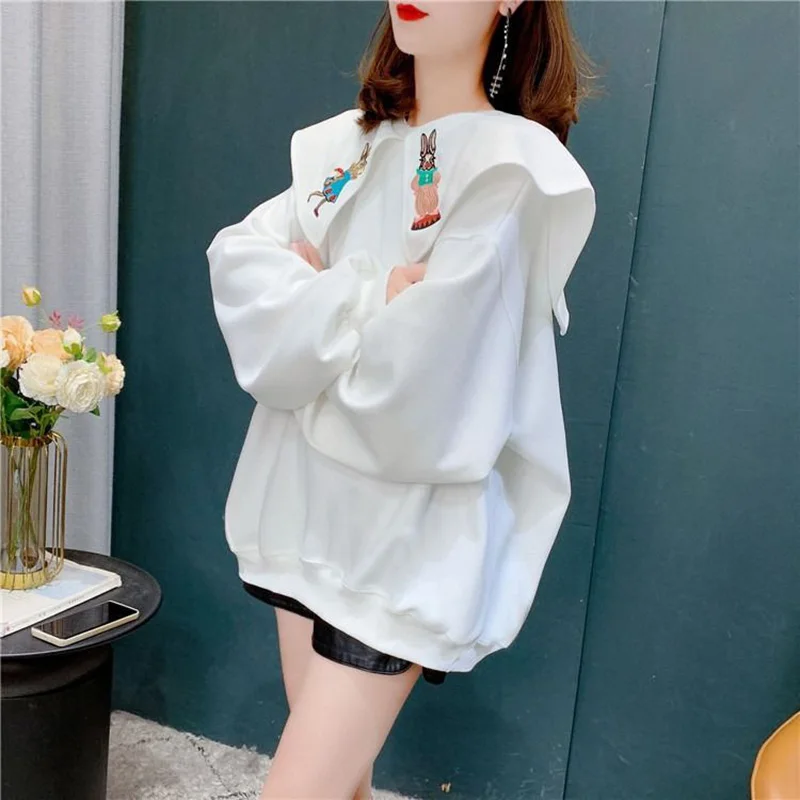 Top Trends: Fashion Sailor Collar Cartoon Embroidery Sweatshirts Female Clothing 2023 Autumn Winter Loose Korean Tops Casual Sweatshirts Shoppable Styles