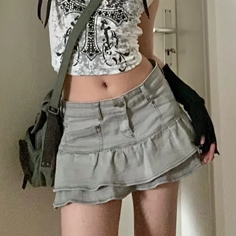 Top Trends: Grunge Y2k Denim Skirt Women Harajuku Style Gyaru Low Waist Ruffle Patchwork Sexy Micro Mini Skirt Gothic Streetwear Shoppable Styles