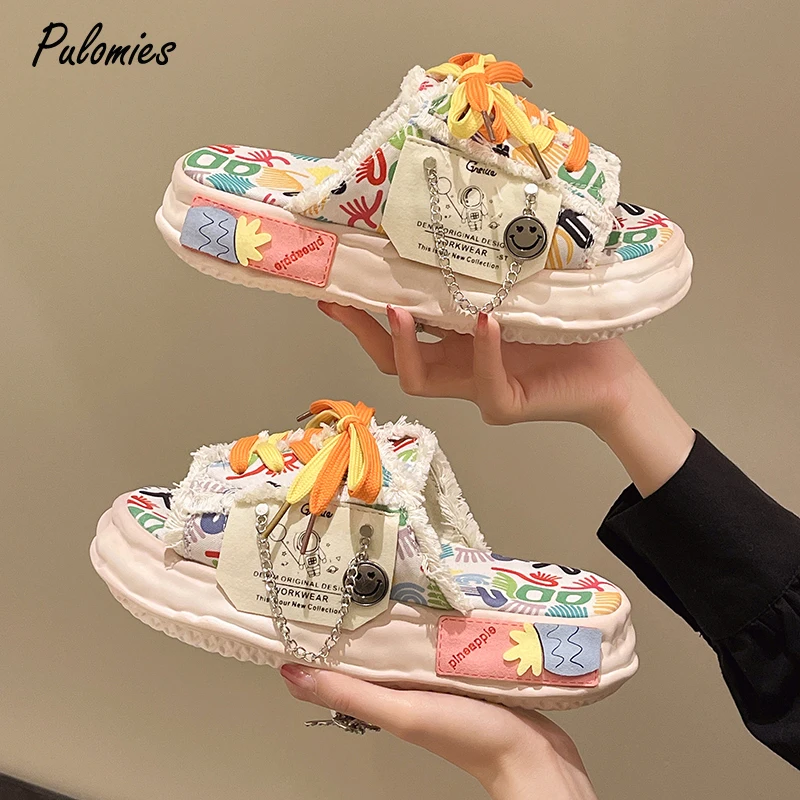 Top Trends: Fashion Design Summer Women Graffiti Slippers Platform Shoes Mules Flip Flops Street Sandals Clogs Flat Casual Shoes For Female Shoppable Styles