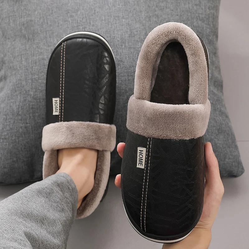 Top Trends: Plus Size Black Men Slippers Winter PU Leather Slippers Indoor Waterproof Home Slippers With Fur Couple Flat Slipper Cotton Shoe Shoppable Styles