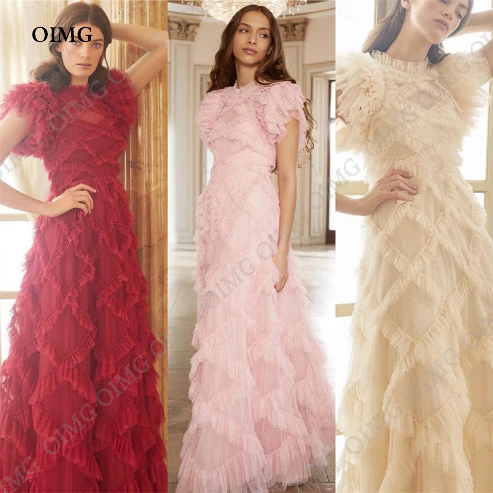 Top Trends: OIMG Red Tulle Ruched A Line Club Night Prom Dresses O Neck Women Cap Sleeves Custom Evening Gowns Formal Party Dress Shoppable Styles