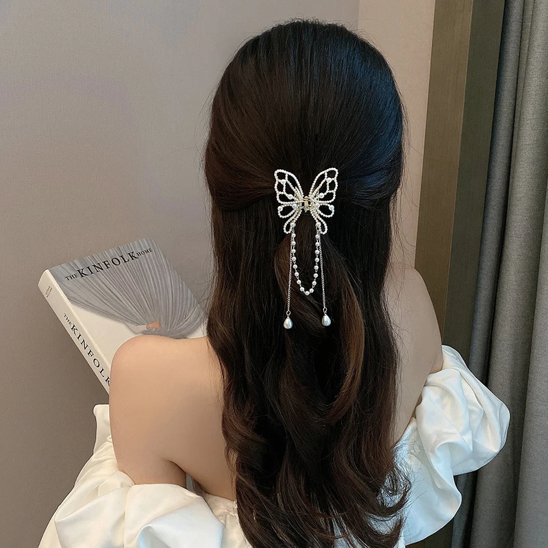 Top Trends: Vintage Butterfly Pearl Tassel Hair Claw Clip Women Korean Style Rhinestone Crab Shark Ponytail Hairpins Hair Accessories Female Shoppable Styles