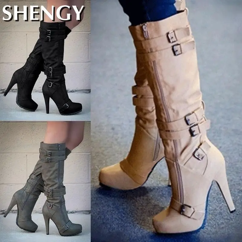 Top Trends: Women Super High Heel Boots Winter Fashion Buckle Strap Zipper Knee High Boots Platform Females Shoes Ladies Long Boots Botas Shoppable Styles