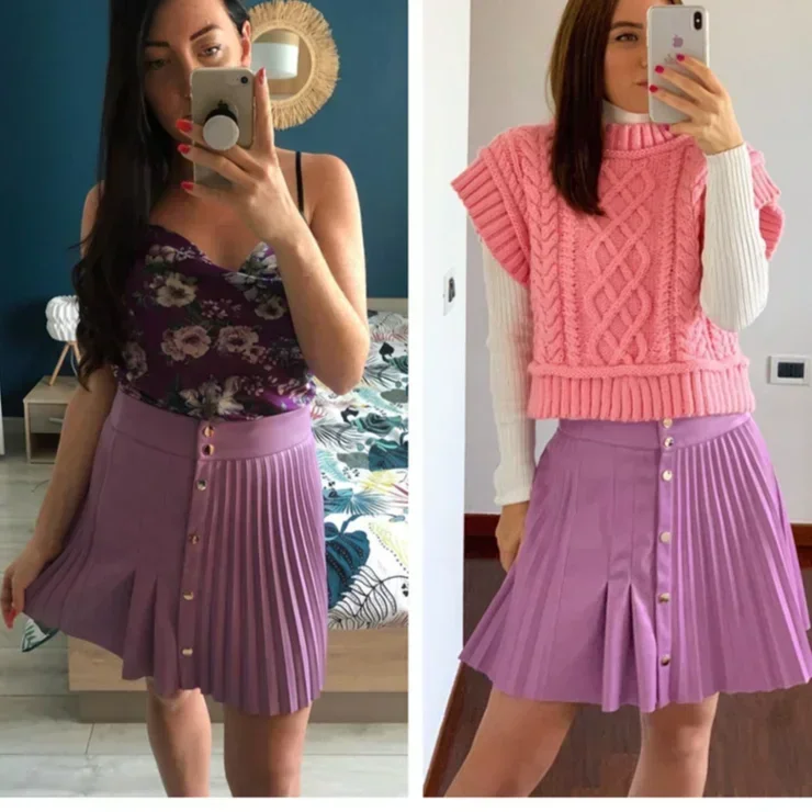 Top Trends: Slim A-line Solid Color Drape Female PU Half Skirt High Waist Sexy Fashion Y2k Skirt Ladies Pleated Single-breasted Short Skirt Shoppable Styles