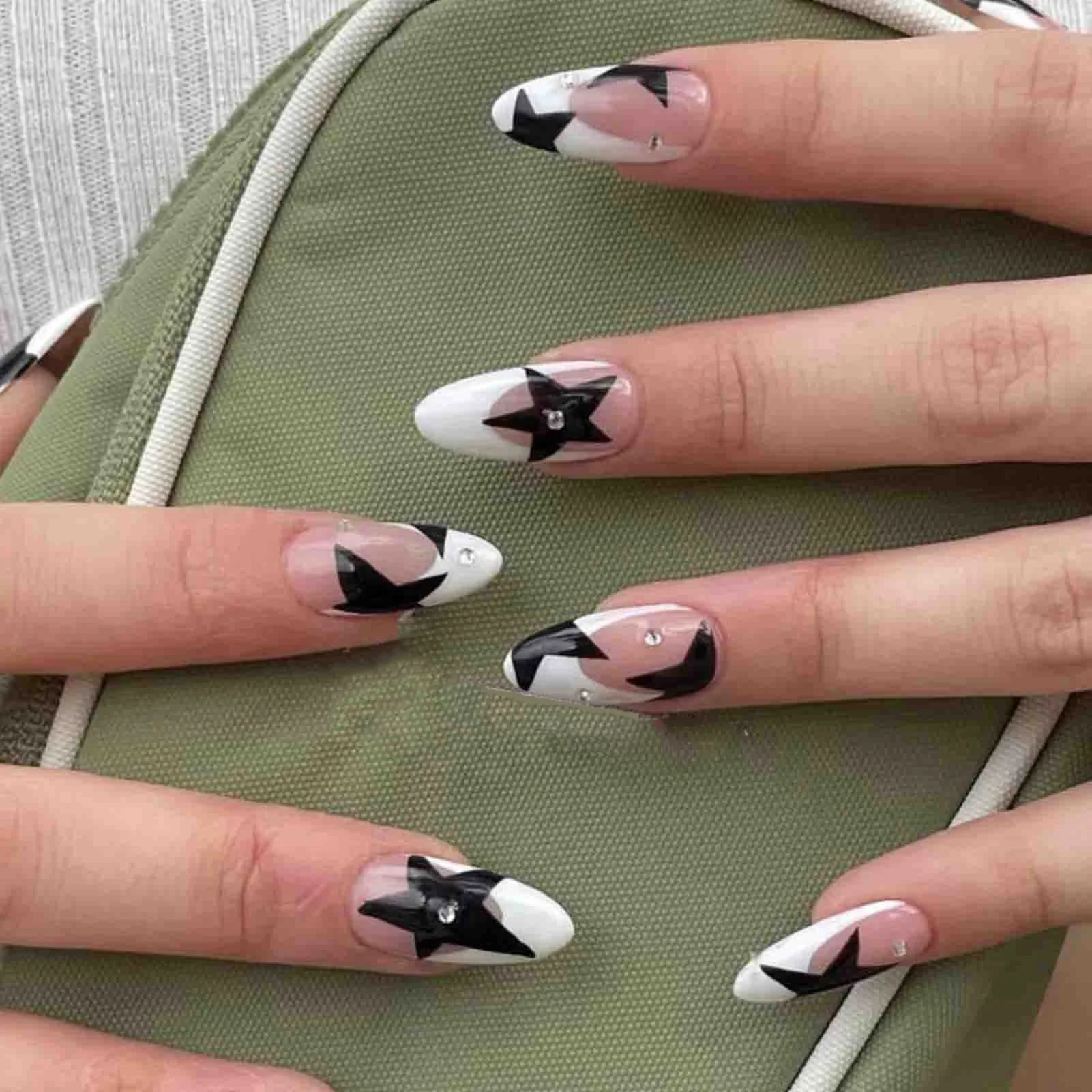 Top Trends: Short Almond Y2k Nails Press On Nail With Black Pentacle Star Designs 24pcs White French False Nails Rhinestone Fake Nail Tips Shoppable Styles