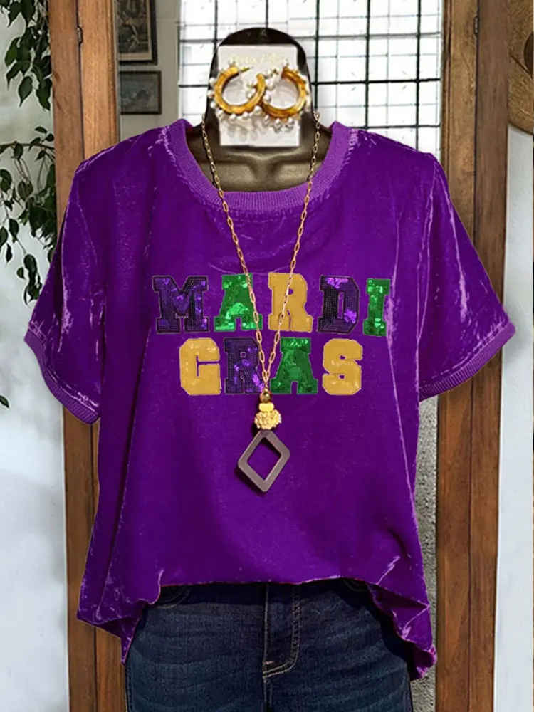 Top Trends: Mardi Gras Sequined Casual Velvet Top Short Sleeve Crew Neck Casual Top For Summer & Spring Shoppable Styles