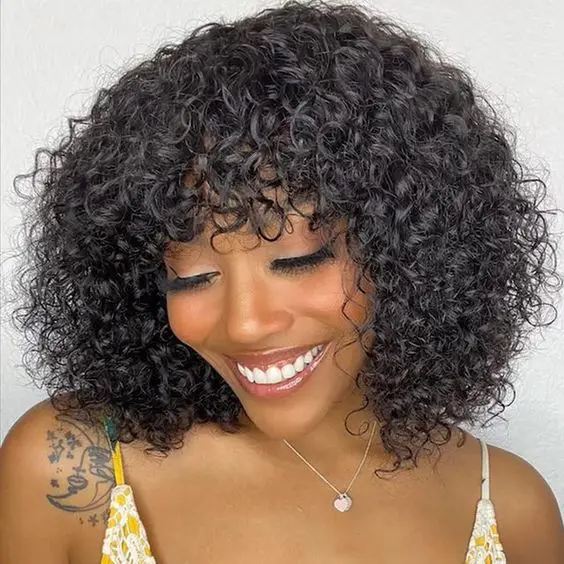 Top Trends: Black Pearl Jerry Curly Wig With Bangs Human Hair Glueless Wigs Short Pixie Bob Cut Human Hair Wigs With Bangs Highlight Bob Wig Shoppable Styles