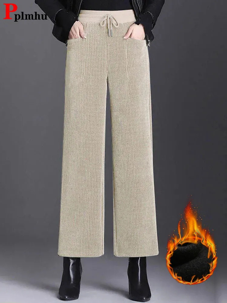 Top Trends: Women Thicken Winter Wide Leg Pants Warm Plus Velvet Corduroy Casual Pantalones Baggy High Waist Oversize5XL Straight Sweatpants Shoppable Styles